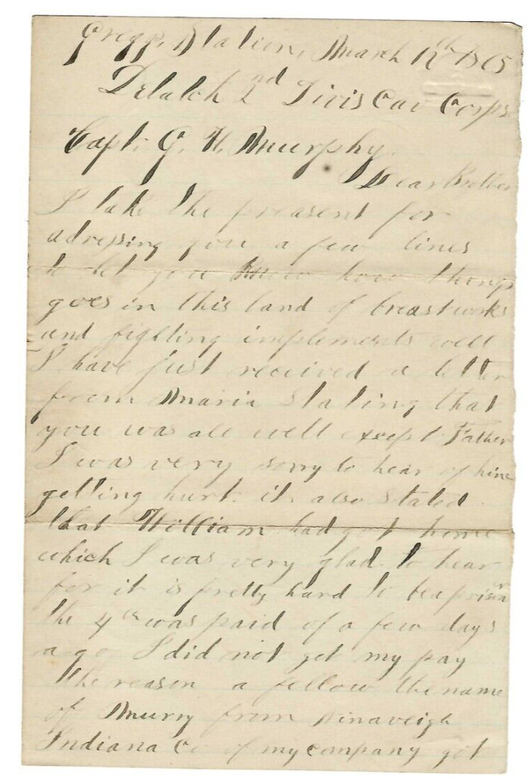 March 1865 2 Page Pennsylvania Cavalry Letter, Transcription above