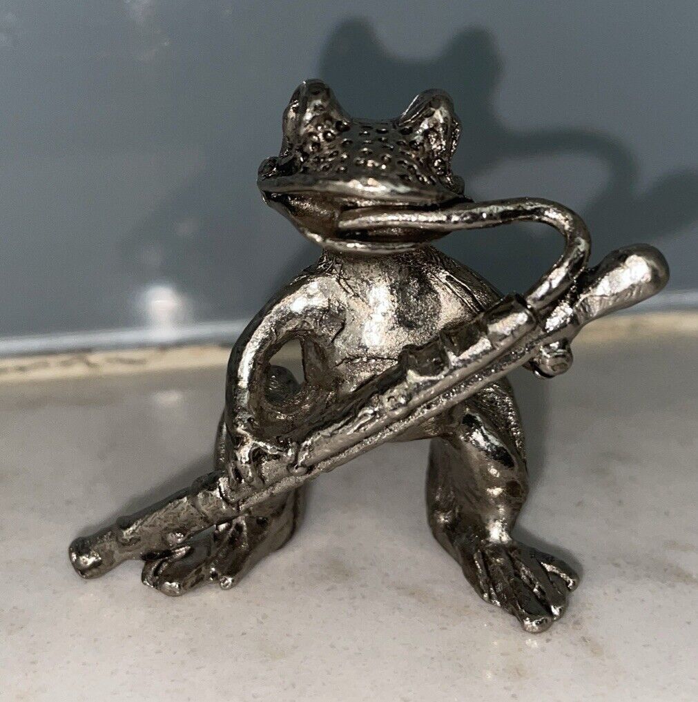 Whimsical  Metal Frog Figurine Playing Bassoon Instrument 1.5” X 1.5”