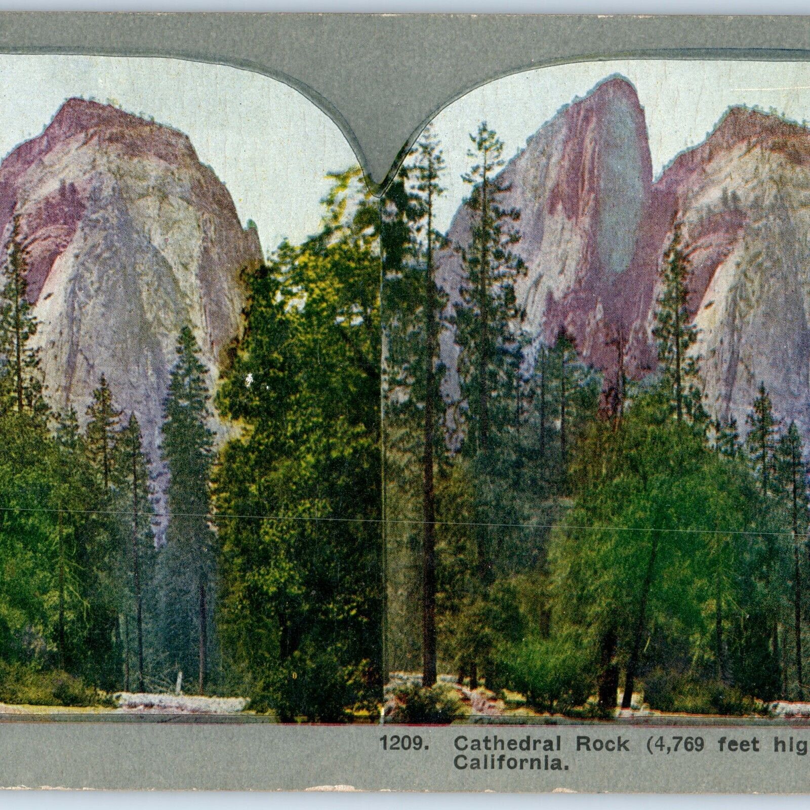 c1900s Yosemite Valley, CA Cathedral Rock Inspiration Litho Photo Stereo Card V8