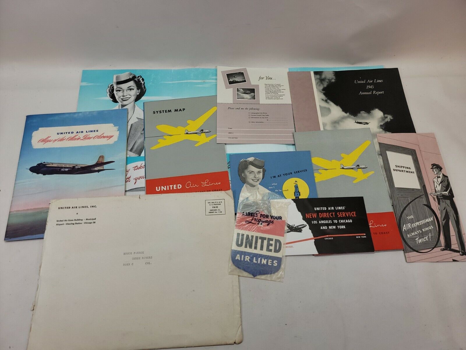 COMPLETE Vintage 1947-48 United Airline MAINLINER Flight Information Luggage P2
