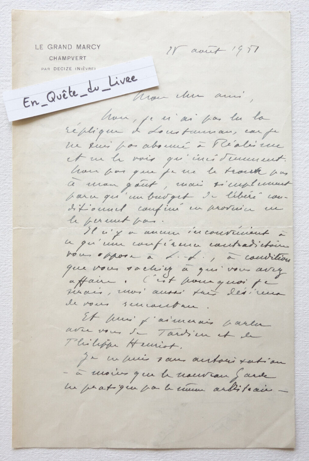 Lot of 2 L.A.S Xavier Vallat (1891-1972) Autograph Letters [Loustaunau-Lacau]