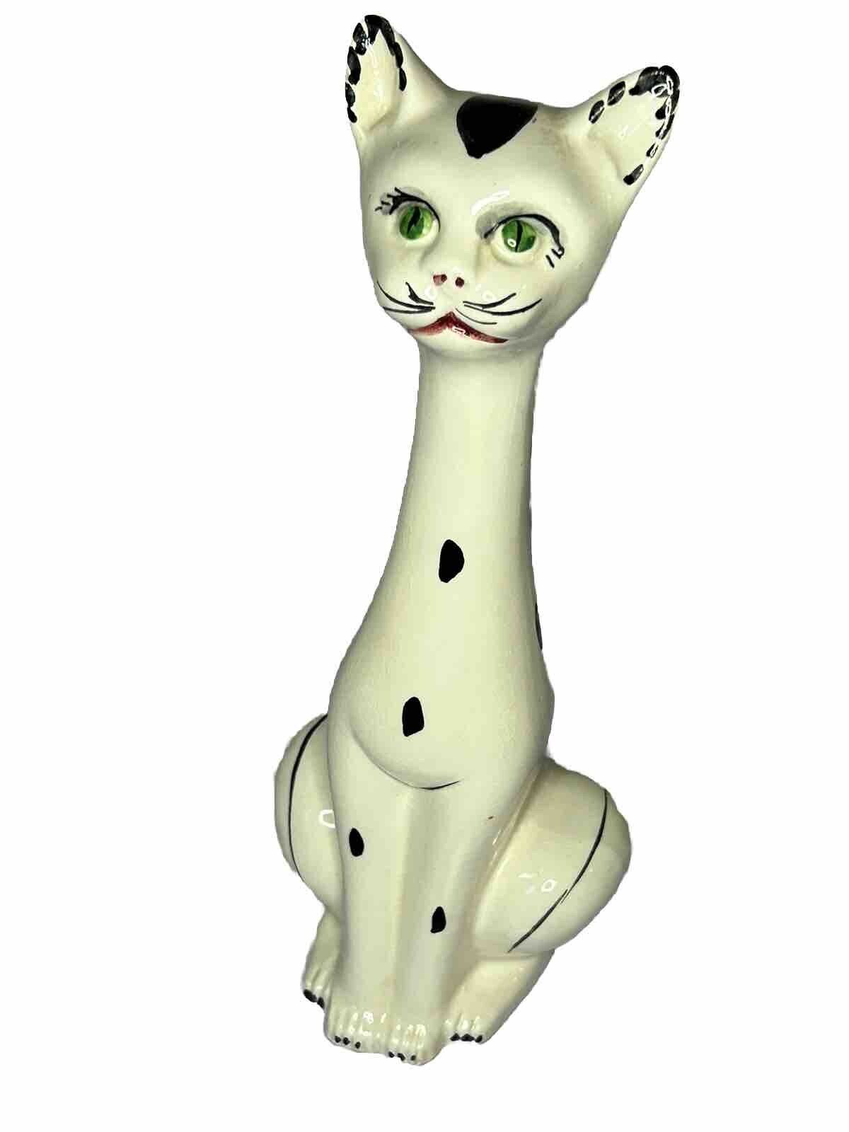 Vintage MCM Ceramic Long Neck Green Eyed Sad Face Cat Figurine Italian 14\