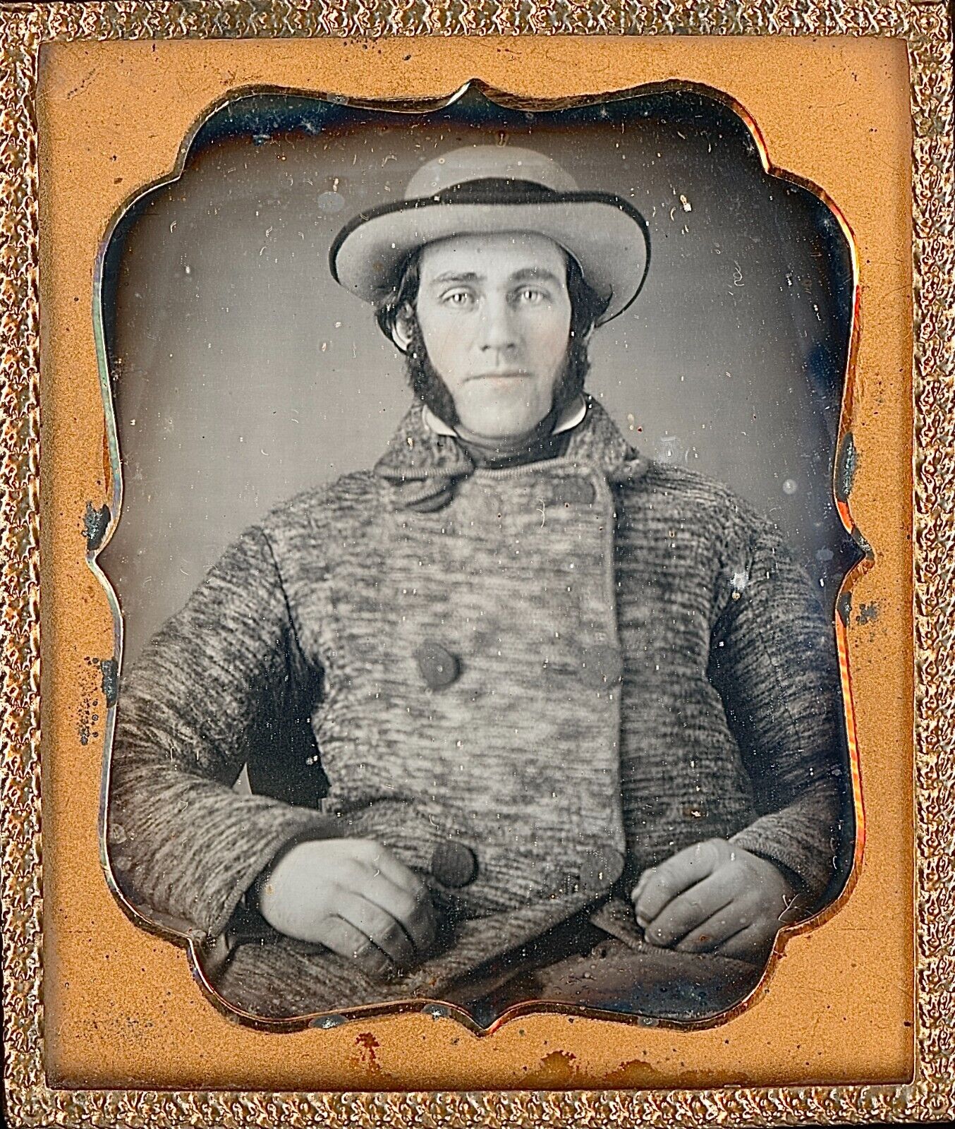 Handsome  Man Sideburns Hat Double Breasted Coat 1/6 Plate Daguerreotype S435