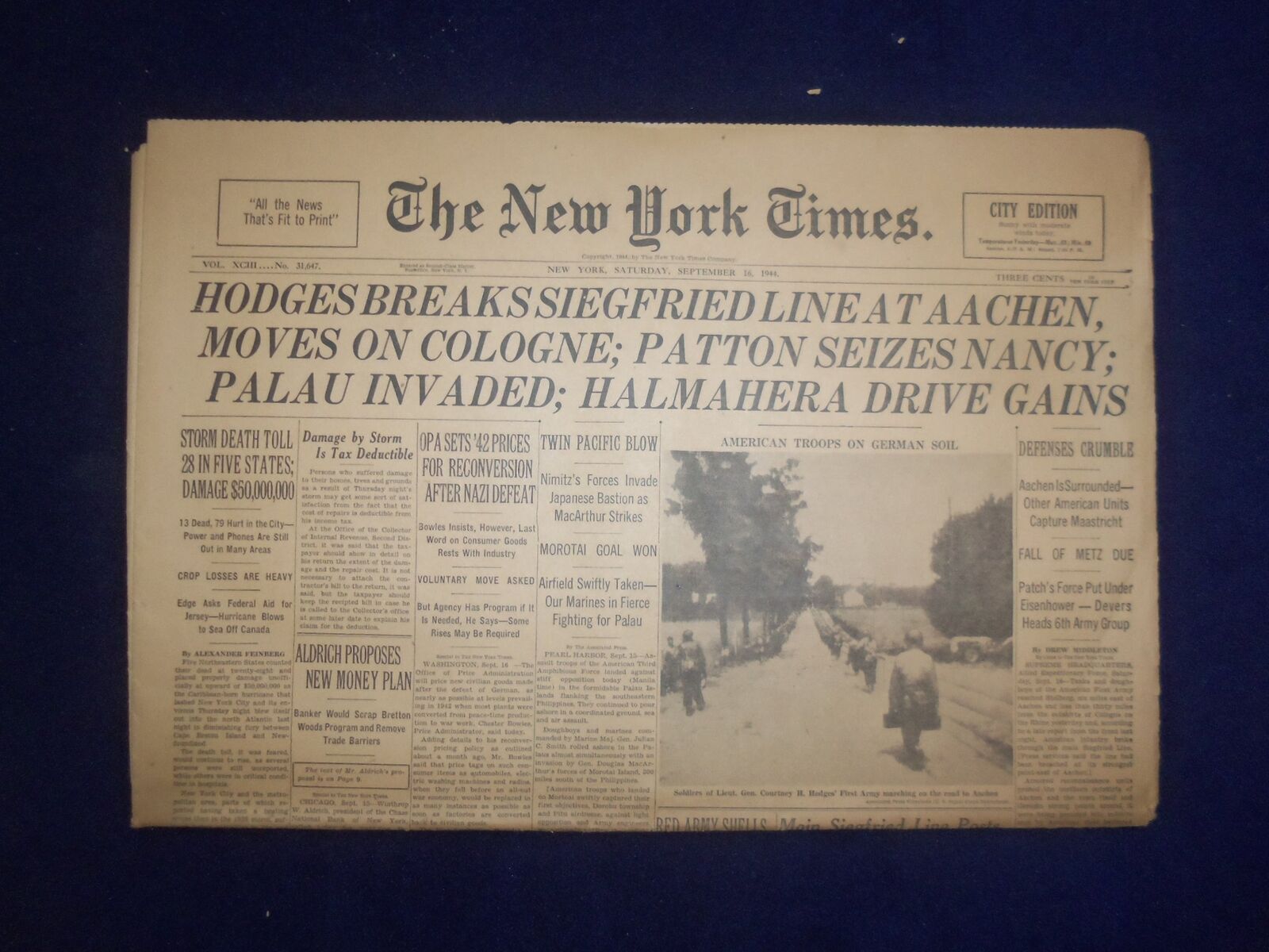 1944 SEP 16 NEW YORK TIMES - HODGES BREAKS SIEGFRIED LINE AT AACHEN - NP 6624