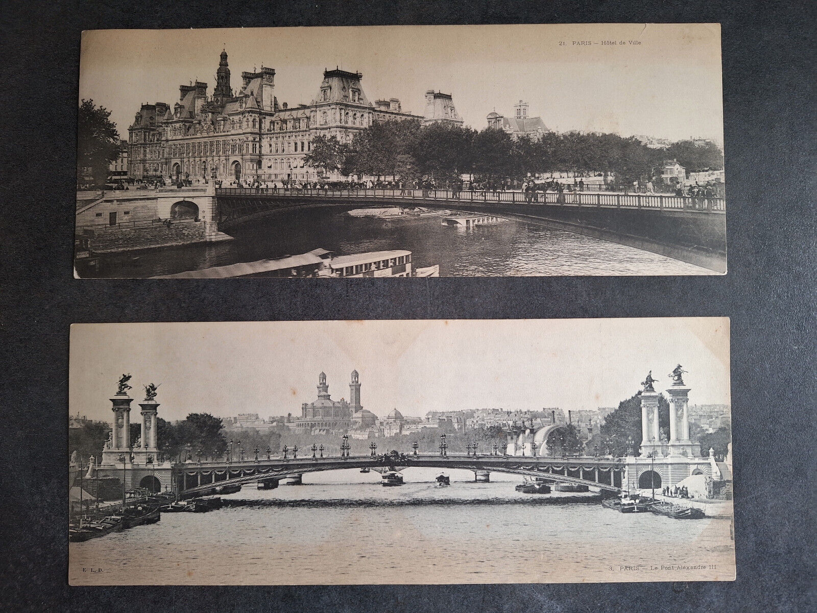 2 CPA panoramic letter card PARIS HÔTEL DE VILLE & PONT ALEXANDRE III circa 1900