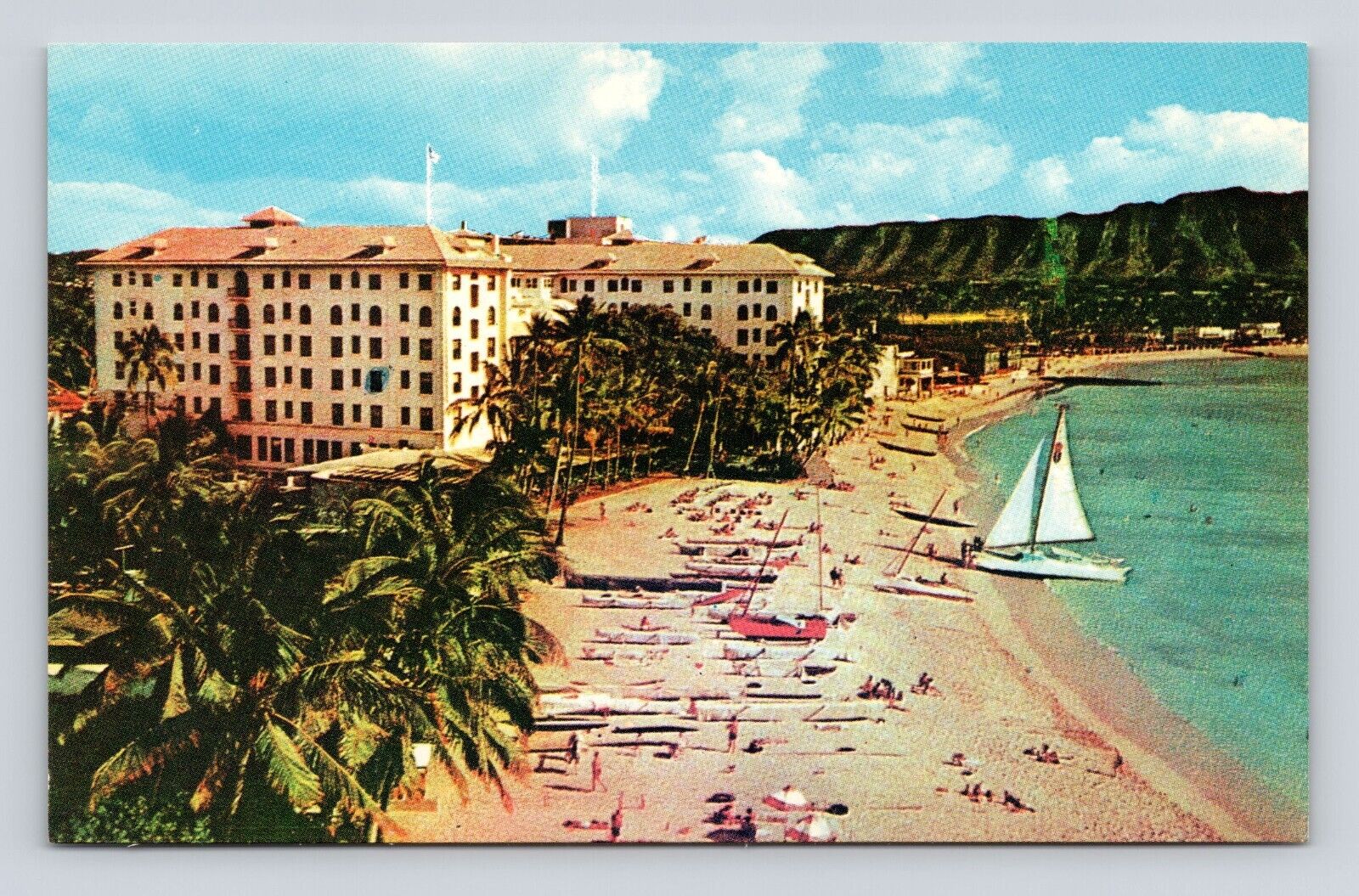 Old Postcard Moana Hotel Beach Waikiki HI Sailboat Catamaran Vintage 1930-1940s