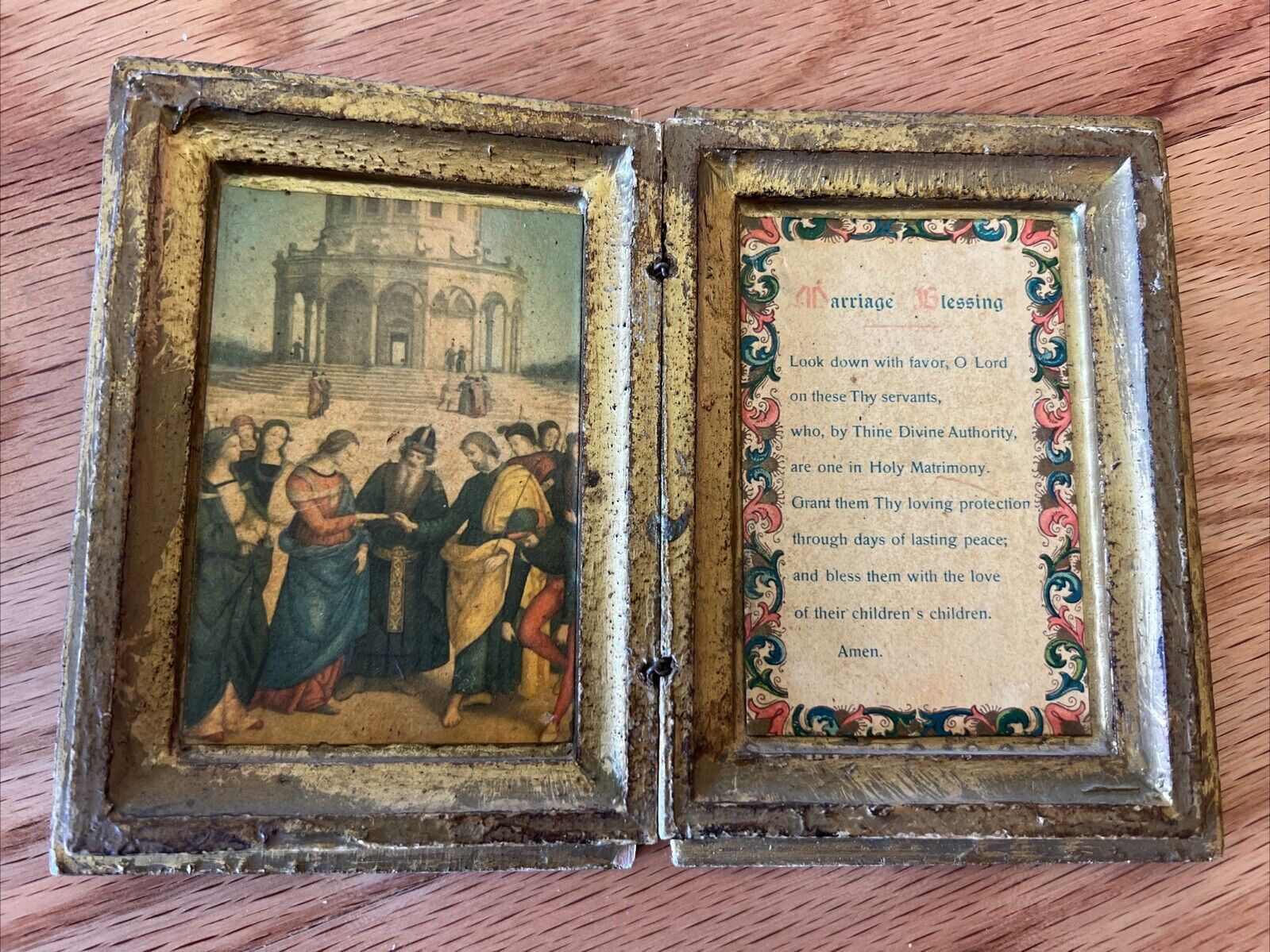 Vintage ITALIAN FLORENTINE DIPTYCH WEDDING BLESSING PRAYER BOOK Gold & Cream