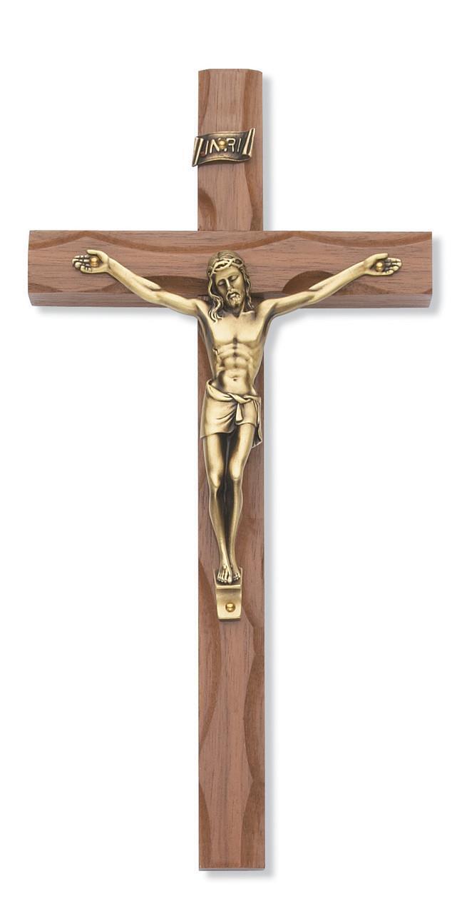 Carved Walnut Crucifix gold tone Size 10in Comes Gift Boxed Made in the USA