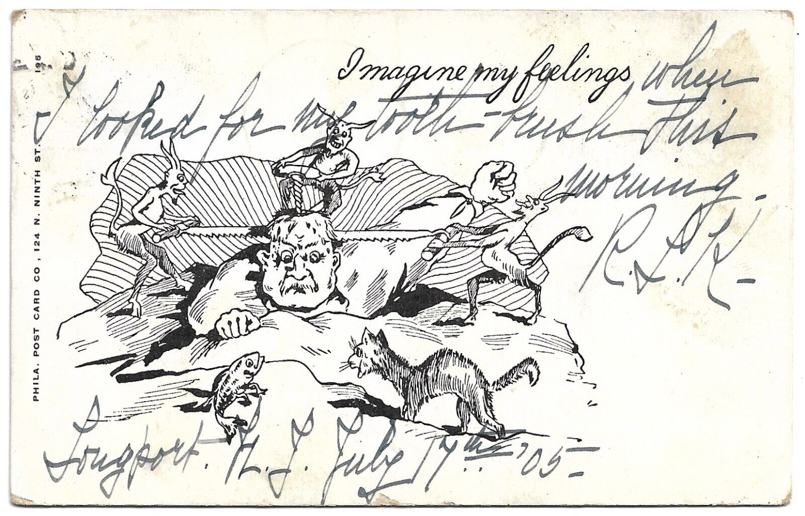 Devils Drilling / Sawing Man\'s Head w/ Fish & Cat 1905 Vintage Comic Postcard