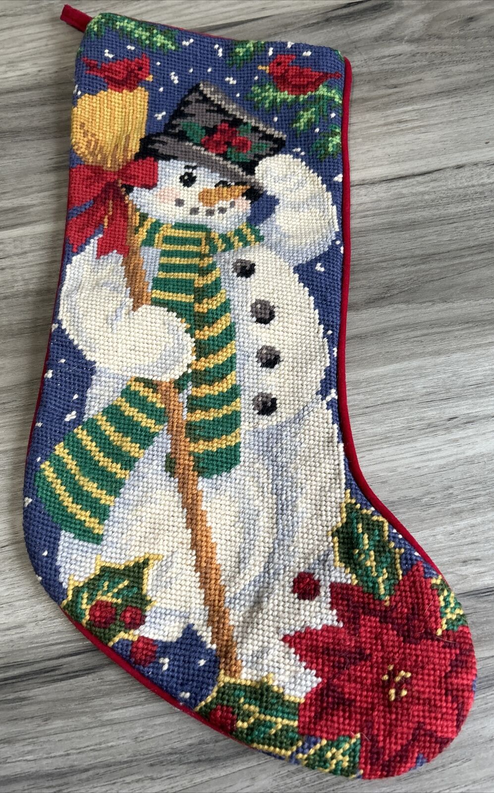 VTG Christmas Stocking Needlepoint Embroidery is Wool Snowman Broom Red Velvet