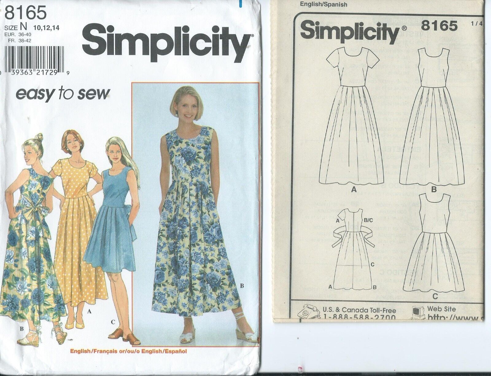 S 8165 sewing pattern Lovely DRESS 2 lengths trendy Bow sew sizes 10,12,14 UNCUT