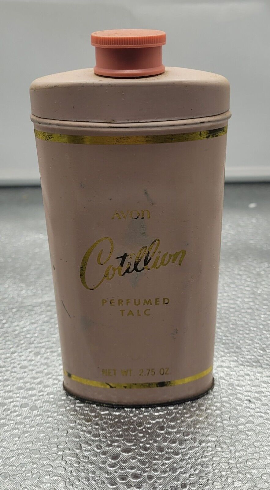 Vintage 1960\'s Pink Gold Cotillion Talc Powder Tin W Org Box  Tin Is Empty