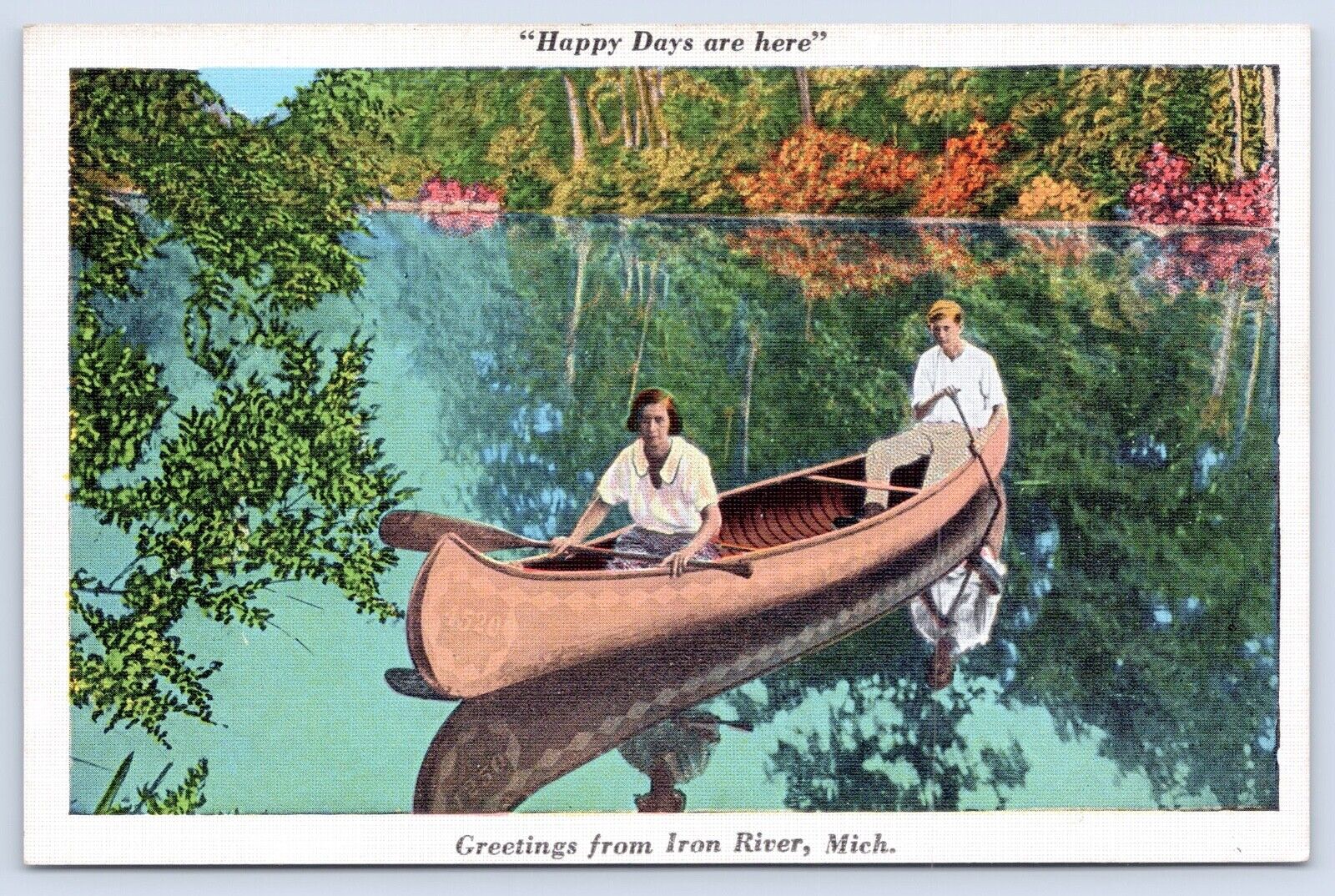 Greetings From Iron River Michigan Vintage Iron County MI c1915 Canoe Postcard