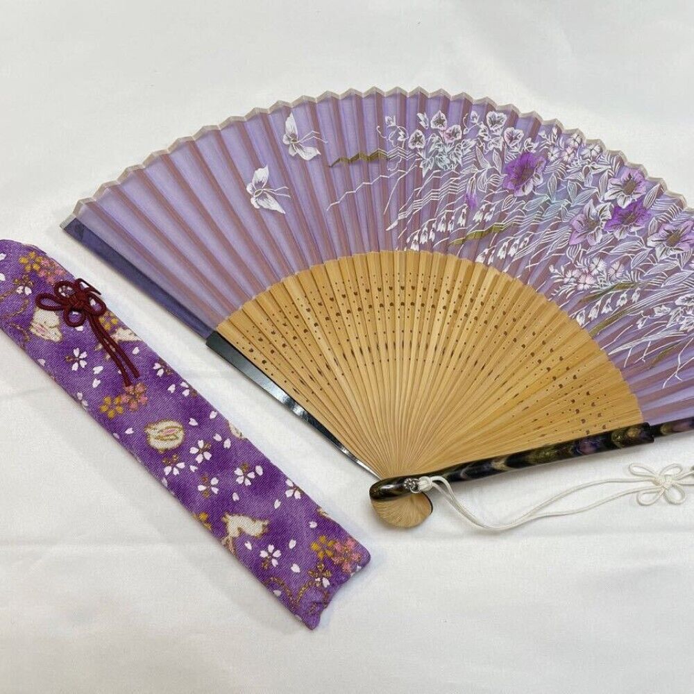 Bamboo Folding Fan Sensu Fan with case, Floral Pattern, Purple Japan Culture