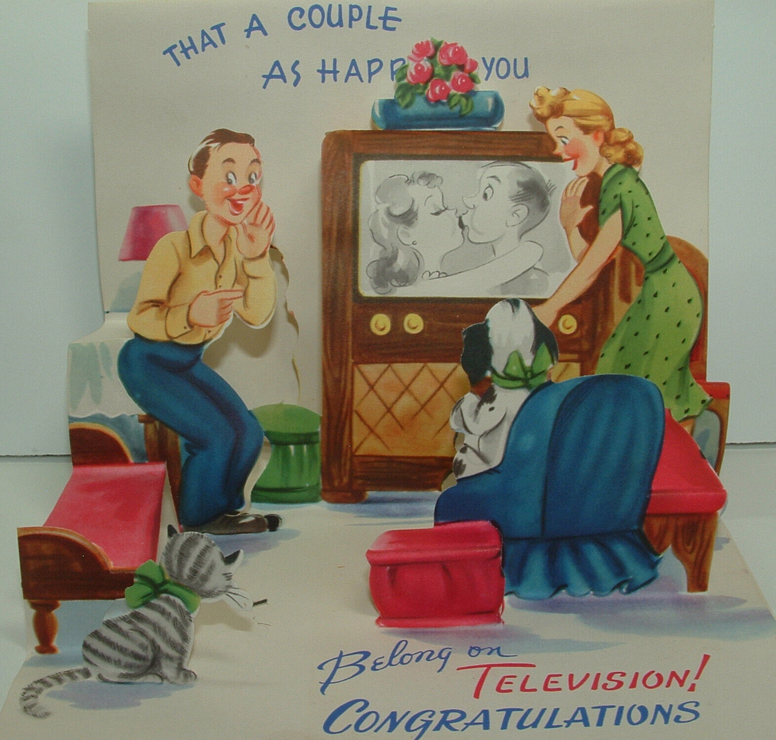 UNUSED - Lg. Pop-up - Couple on TV, Dog, Cat, Comic - 1950\'s Anniversary Card
