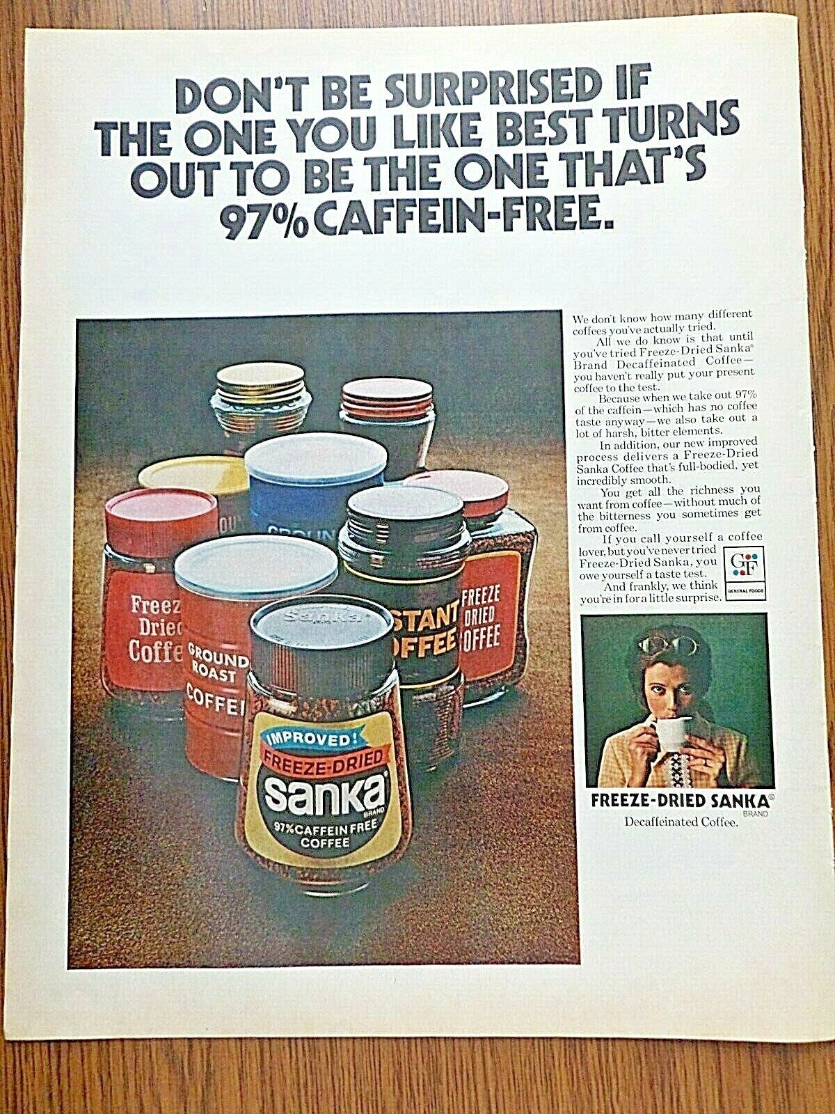 1972 Sanka Coffee Ad  97% Caffein-Free Freeze-Dried Decaffeinated 
