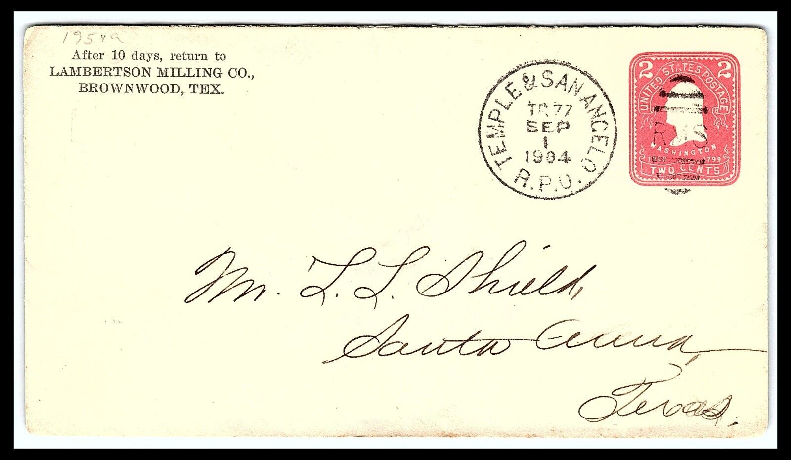 Brownwood Texas Lambertson Milling Co. RPO Envelope 1904       e1-36