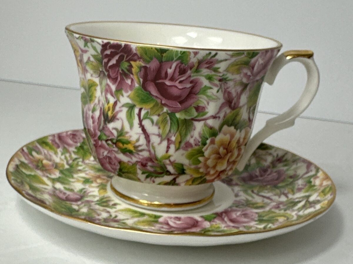 Royal Cuthbertson Staffordshire England Teacup Saucer Gold Chintz Rose