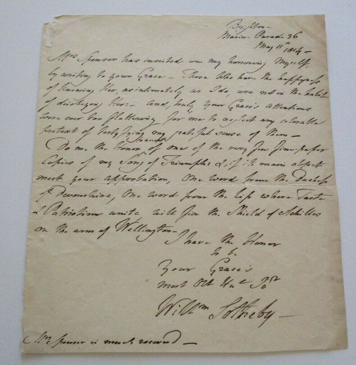 WILLIAM SOUTHEBY AUTOGRAPHED SIGNED PERSONAL LETTER FAMOUS BRITISH POET MAY 1814