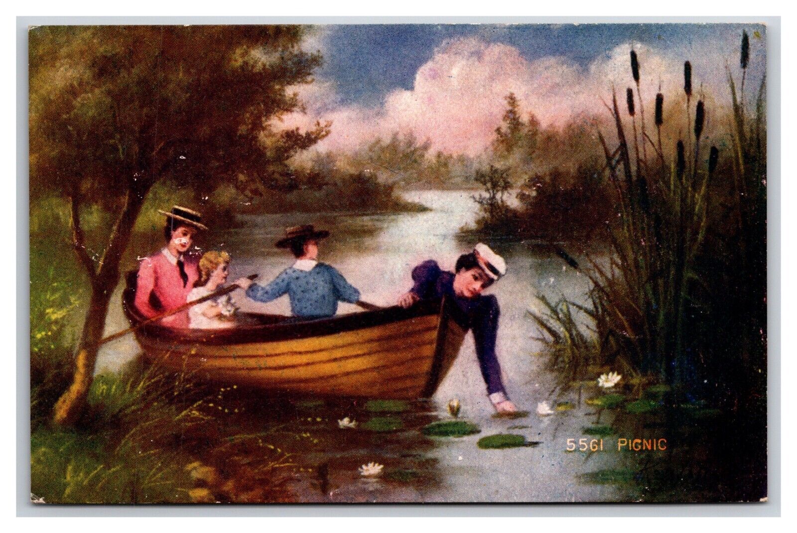Women In Canoe Victorian Picnic Scene Water Lilies UNP Unuseed DB Postcard W21