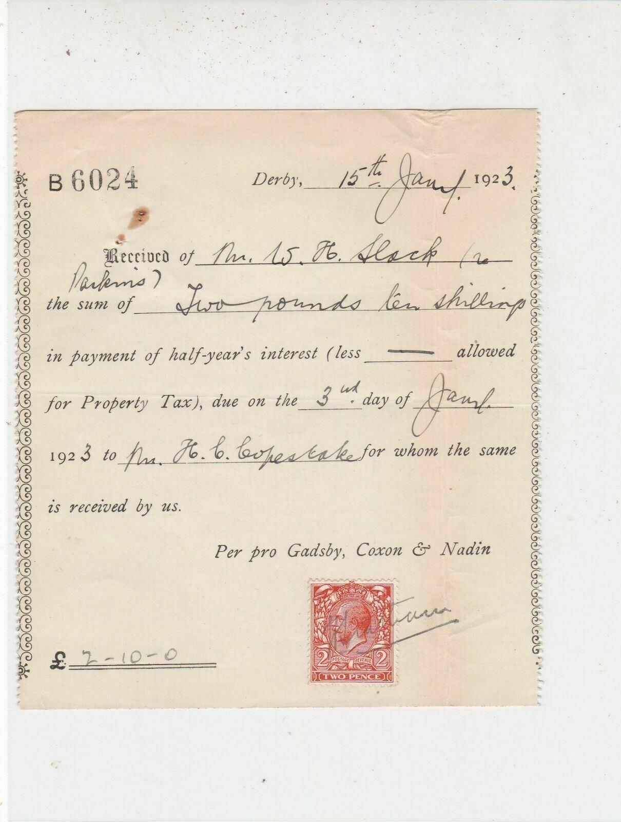Half-Years Interest 1923 By Us Gadsby Coxon & Nadin Stamp Receipt Ref 33010