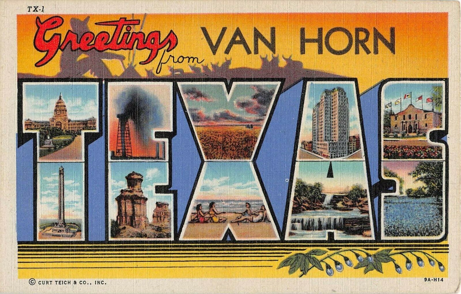 Van Horn Texas TX Greetings From Large Letter Linen 9A-H14 Postcard TX-1
