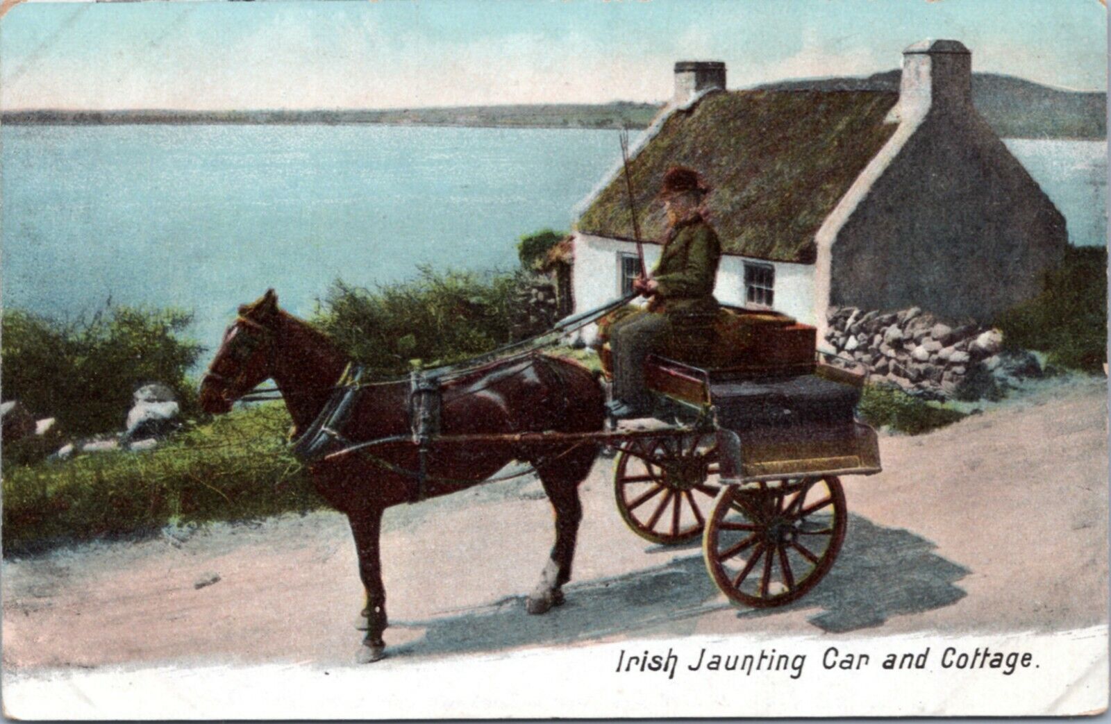 Postcard Irish Jaunting Car and Cottage