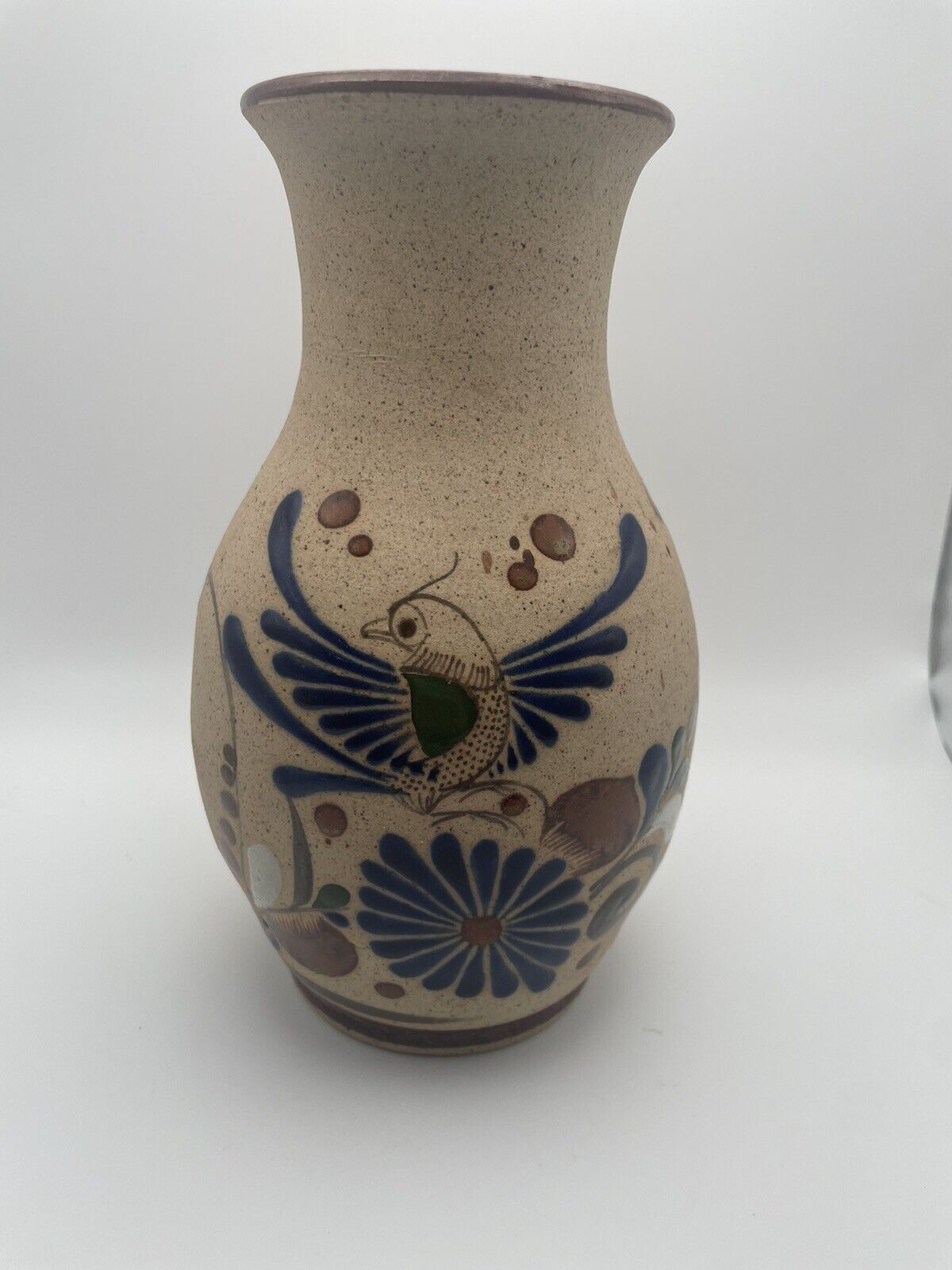 Vintage Blue Bird Hand Painted Signed Tonala Stoneware Pottery Vase 8” Mexico