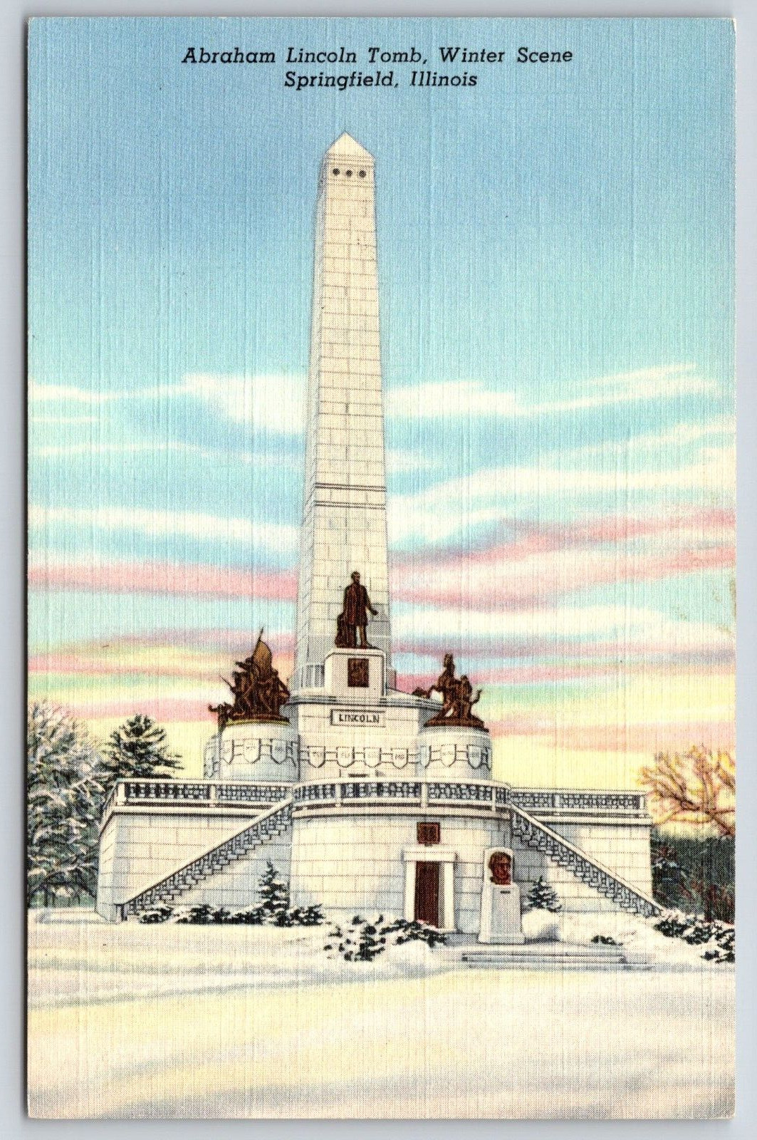Original Old Vintage Outdoor Postcard Abraham Lincoln Tomb Winter Springfield IL