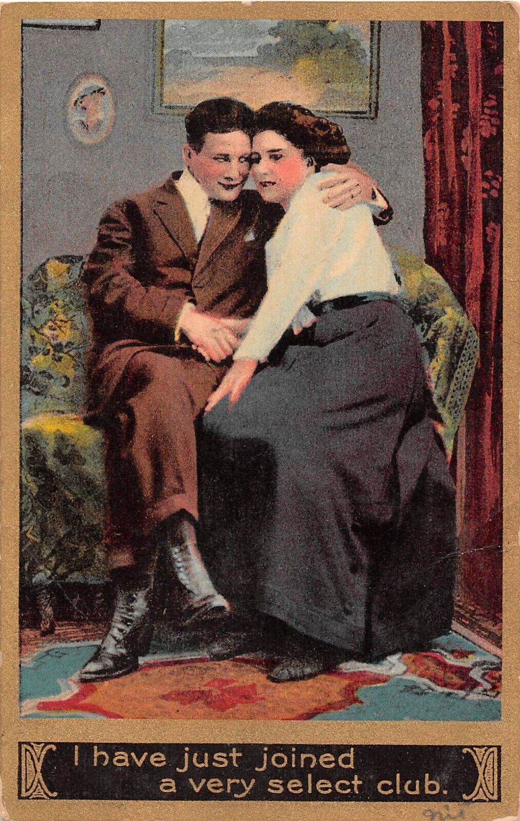 1910 Romantic PC of Lovers Cuddling on Couch-Have Just Joined A Very Select Club