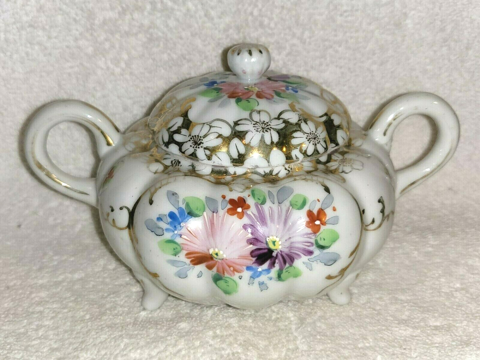 Vintage Hand Painted Floral Footed Lidded Porcelain Trinket Box 