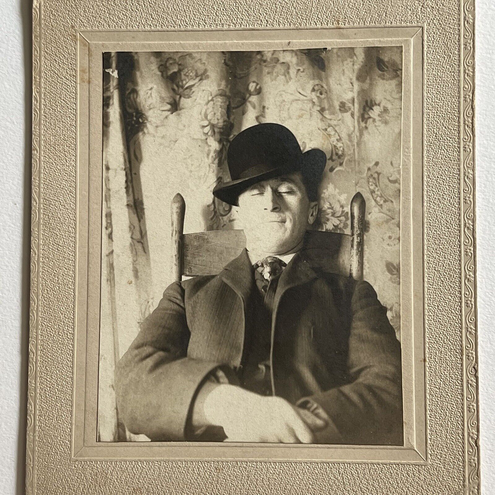 Antique Cabinet Card Photograph Post Mortem Man In Chair Bowler Hat Odd