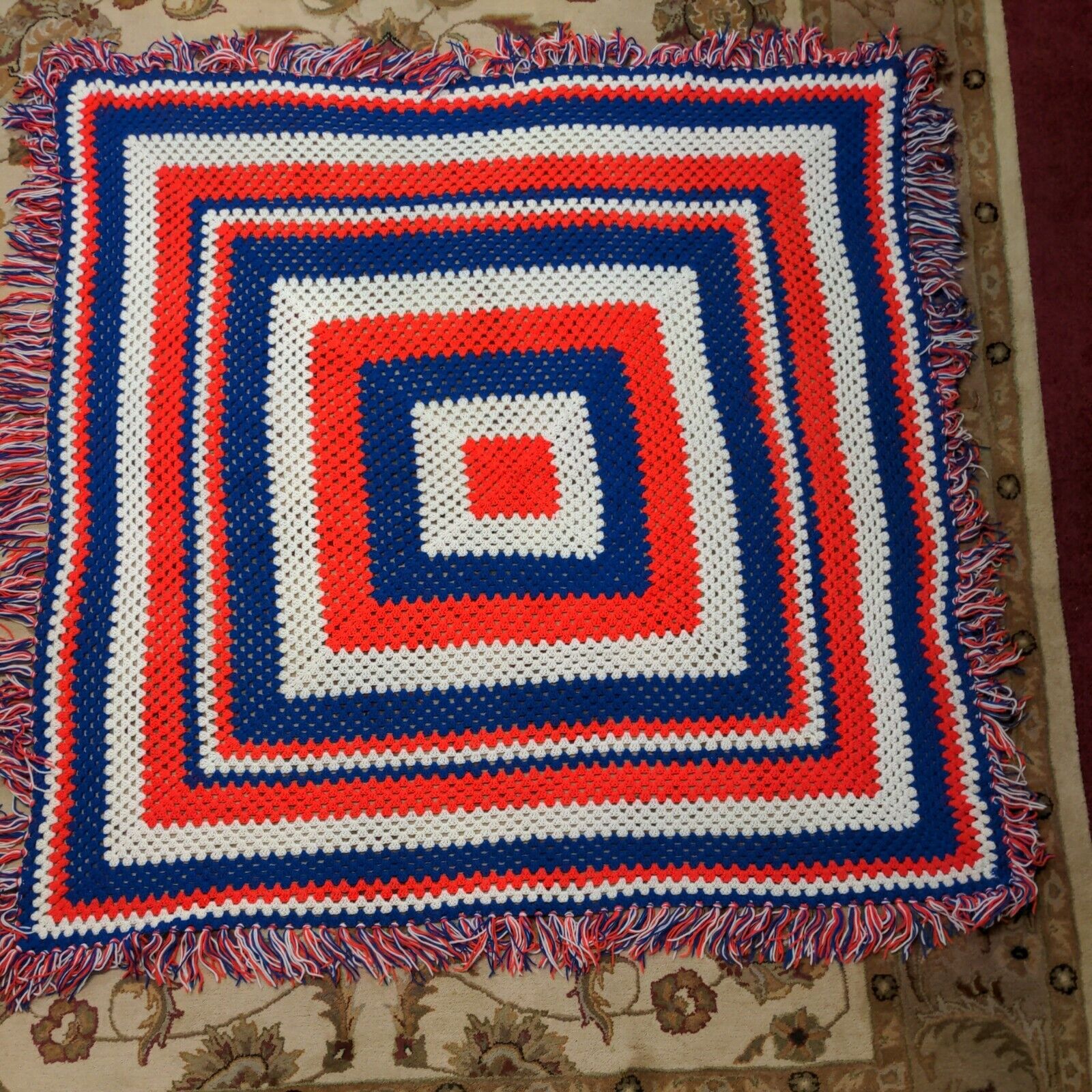 Vintage Afghan Red White & Blue Patriotic Square Handmade Crochet Knit Blanket
