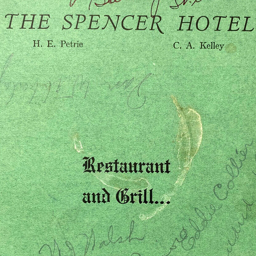 Original Vintage 1937 The Spencer Hotel Restaurant Grill Menu St Albans Vermont