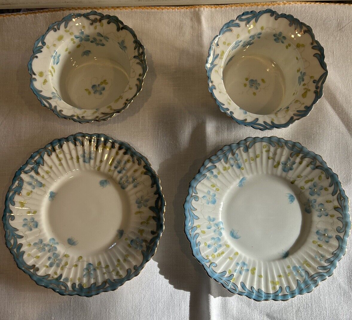 Set of 2 Antique Saxe Ramekins Custard Cups Saucers Underplate Blue Flowers