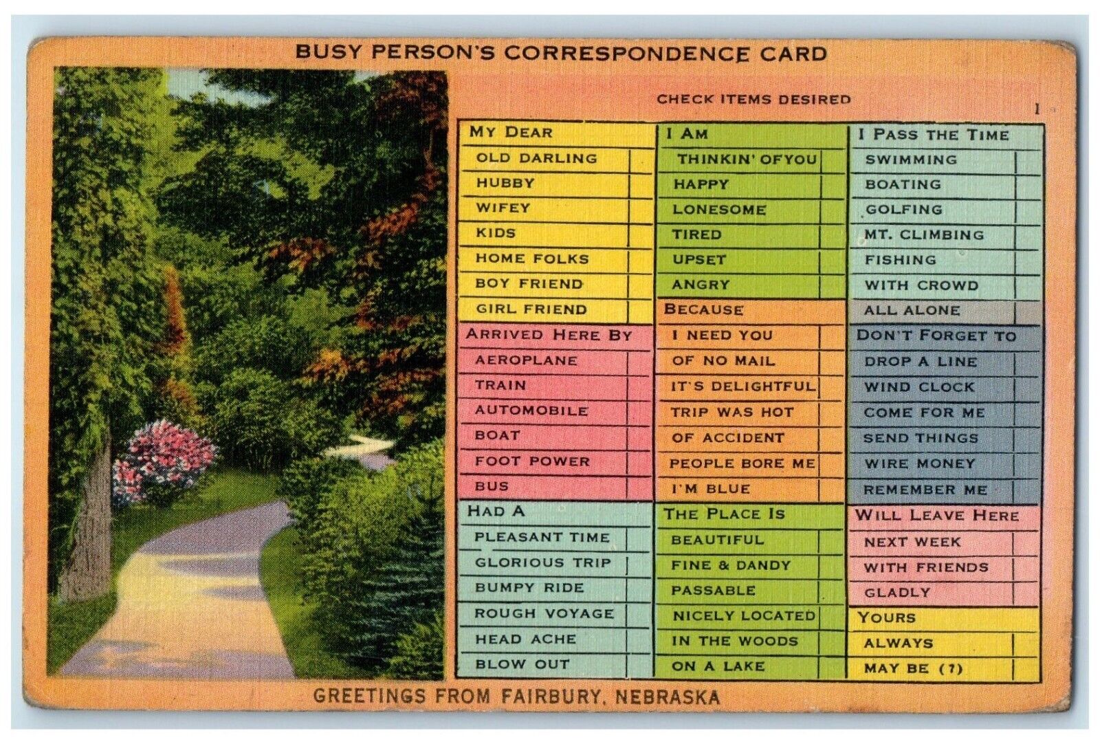c1940 Busy Person Correspondence Card Greetings From Fairbury Nebraska Postcard