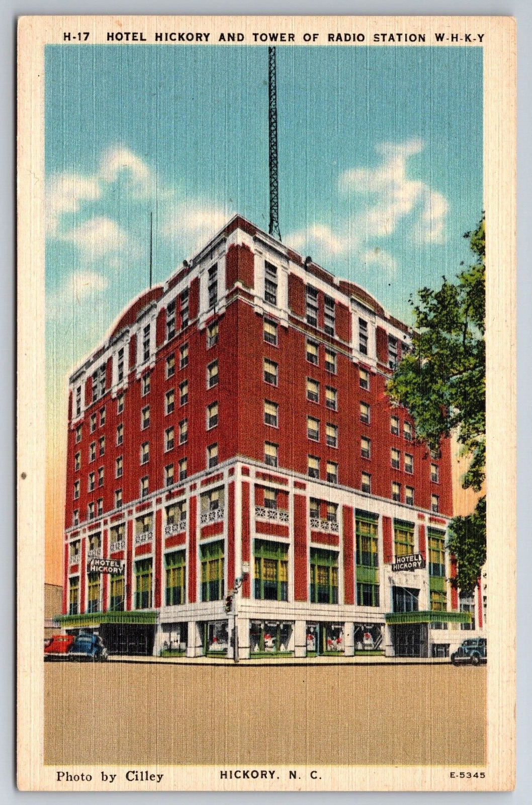 Vintage Postcard NC Hickory Hotel Hickory Tower Radio Station W H k Y Linen
