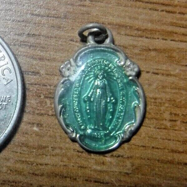 Vintage Chapel Catholic Miraculous Medal, Sterling Silver, Green Enamel #115