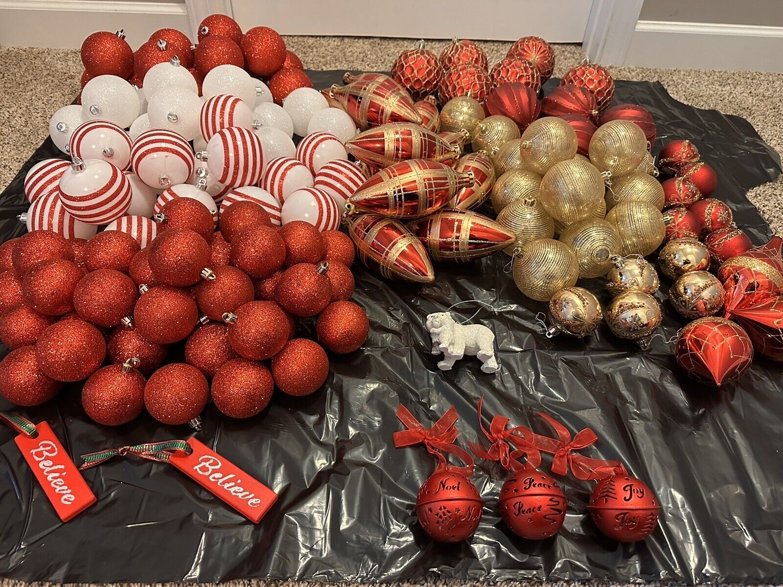 Huge Lot Of 148 Assorted Christmas Ornaments Red White Gold Sparkly Shatterproof