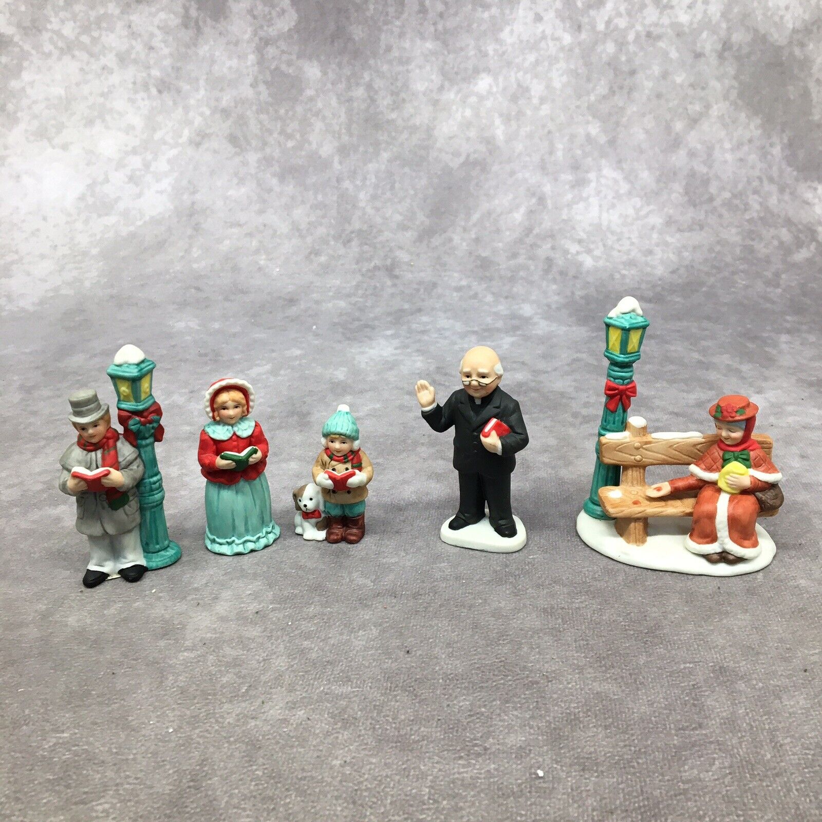 VTG. Lefton Colonial Christmas Village Figures-lady on the bench is missing bird