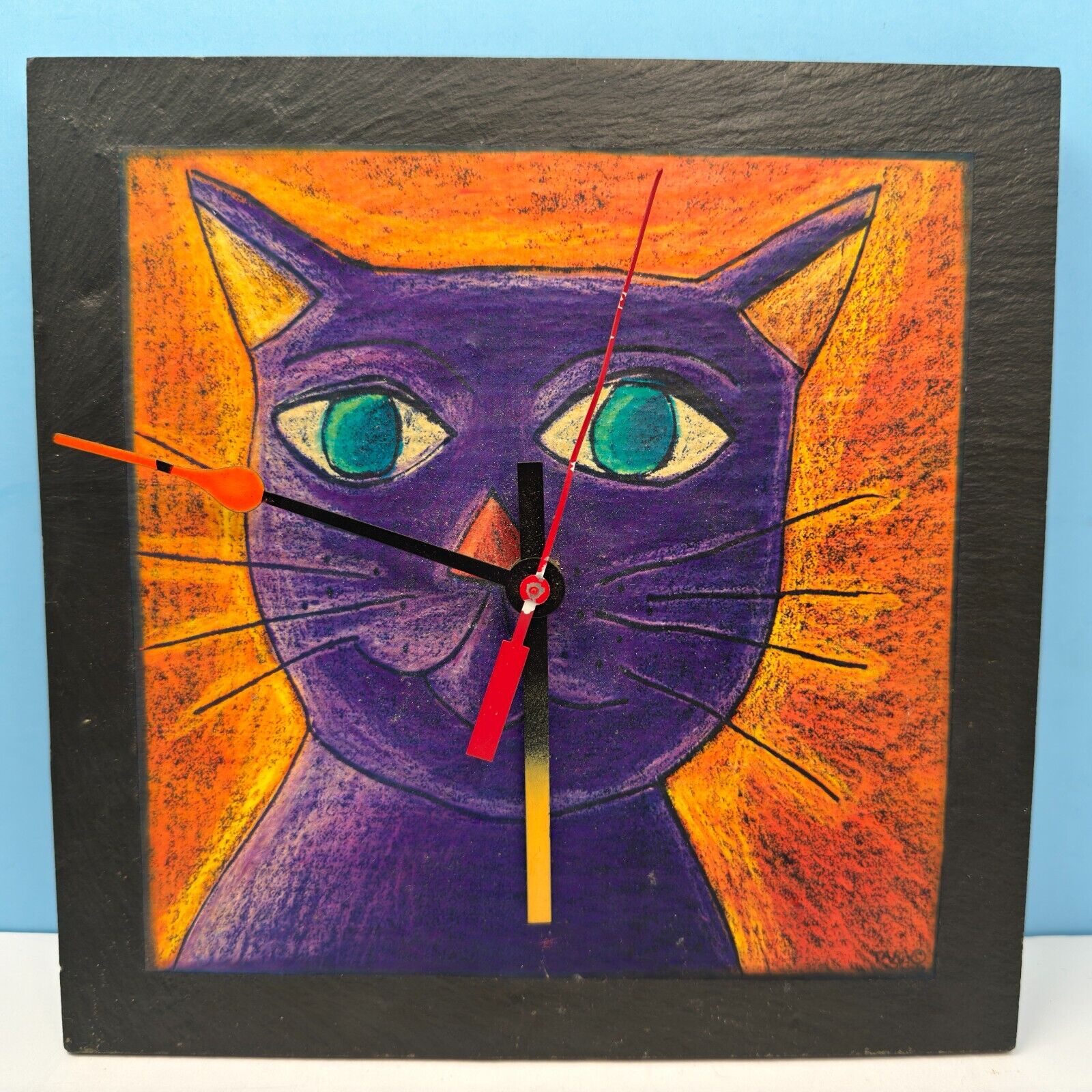 Vintage 12” Pink Cloud Gallery Purple Kitty Cat Slate Clock Tara Cafiero 1997