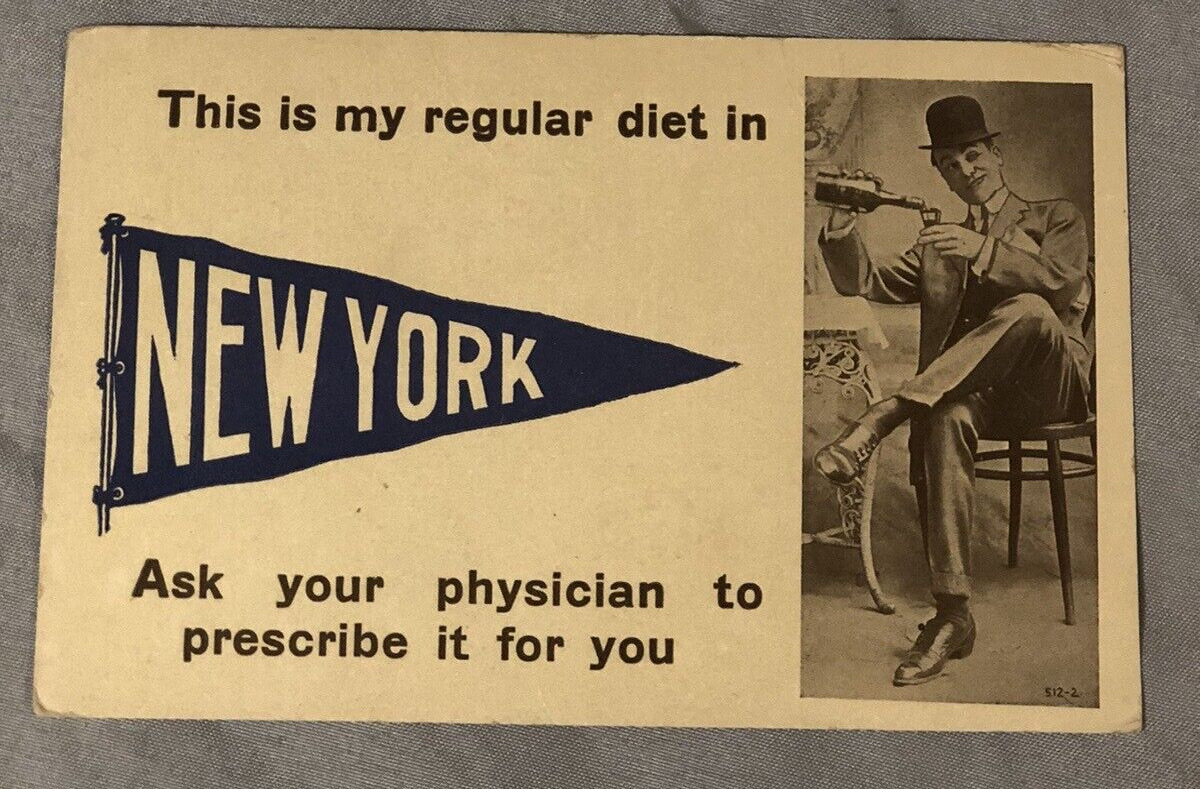 NY c 1900s Postcard Blue Pennant New York Gent Pouring himself a Shot