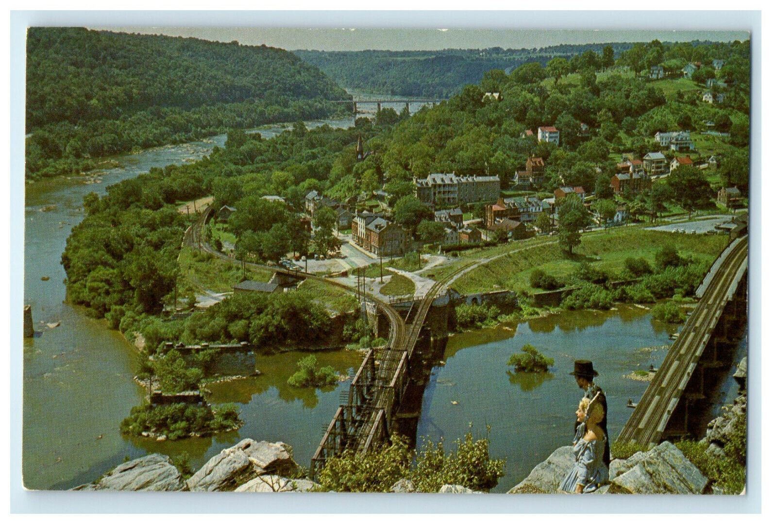 c1960 Aerial View of Bridge and River, Harper's Ferry, West Virginia WV Postcard