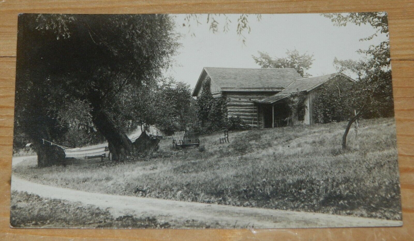 Antique Vintage RPPC Photo Post Card Log Cabin Country w/Hammock c1907