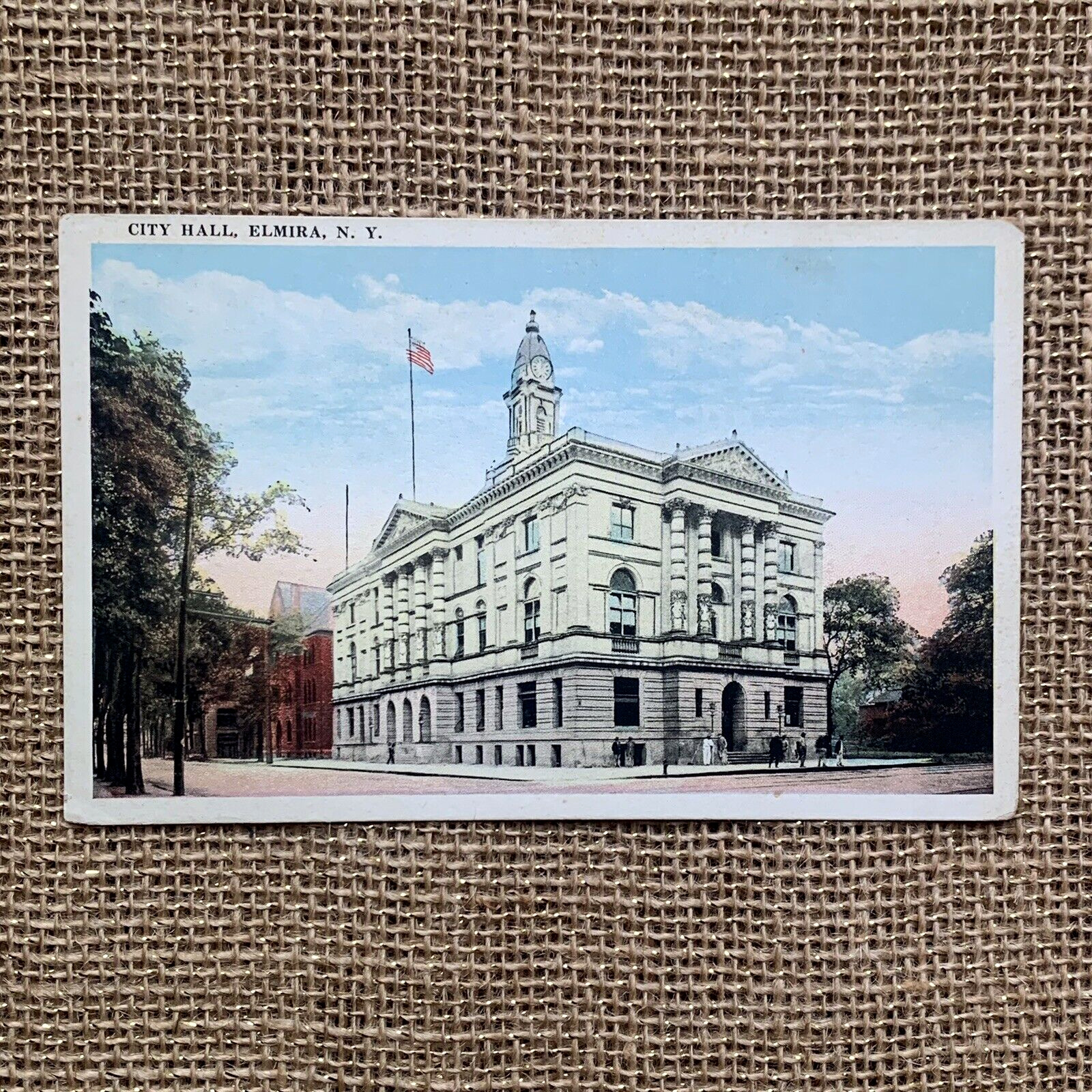 City Hall Elmira New York Clock Tower Flag White Boarder Unposted Postcard