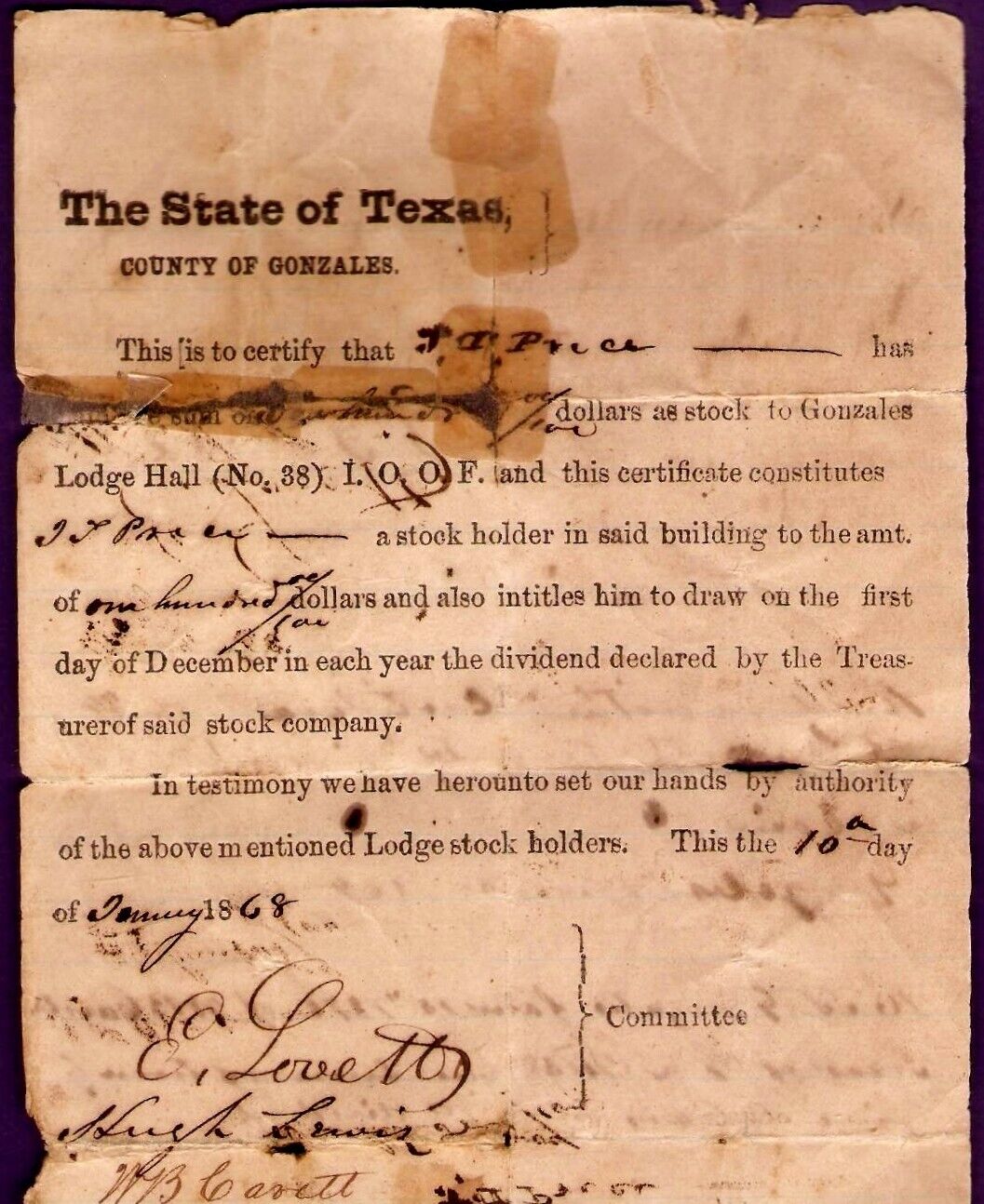 1868 Gonzales Texas Odd Fellows Lodge Hall 38 Building Stockholder Document