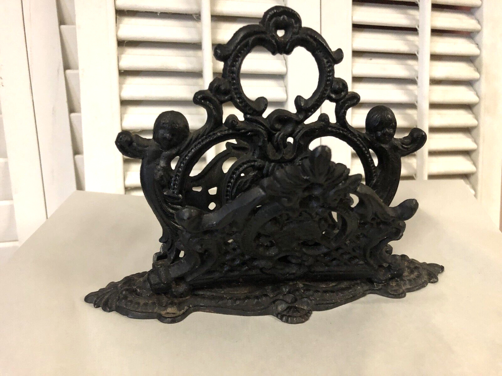 Vintage Cast Cherub Napkin Letter Holder Ornate metal Victorian style prim