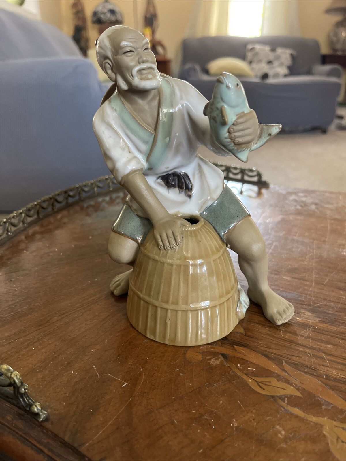 Vintage Shiwan  Mudman Fisherman Figurine with Fish & Basket