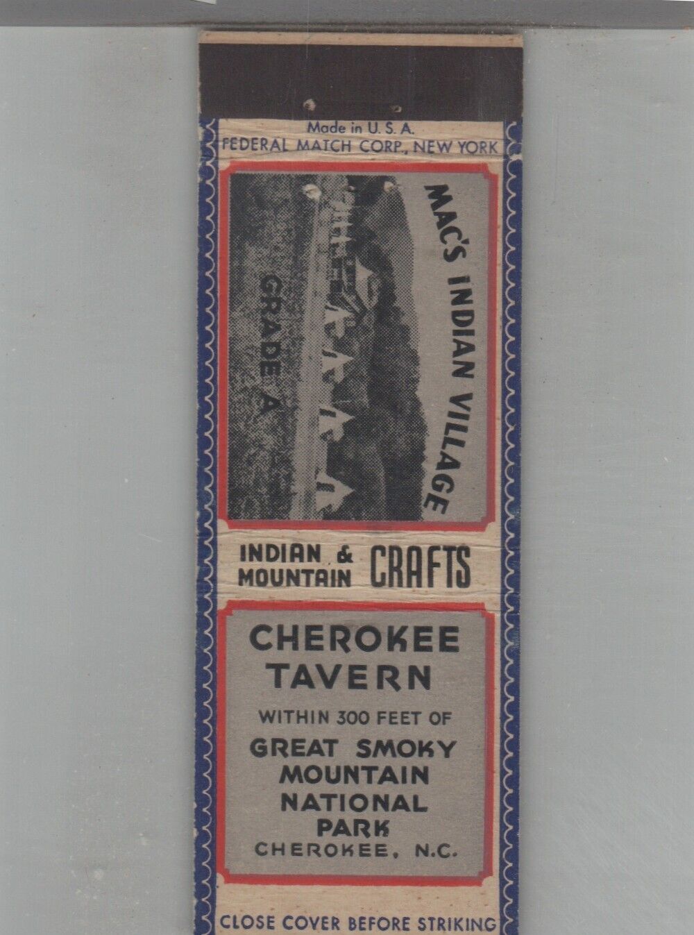 Matchbook Cover 1920s-30\'s Federal Match Cherokee Tavern Cherokee, NC