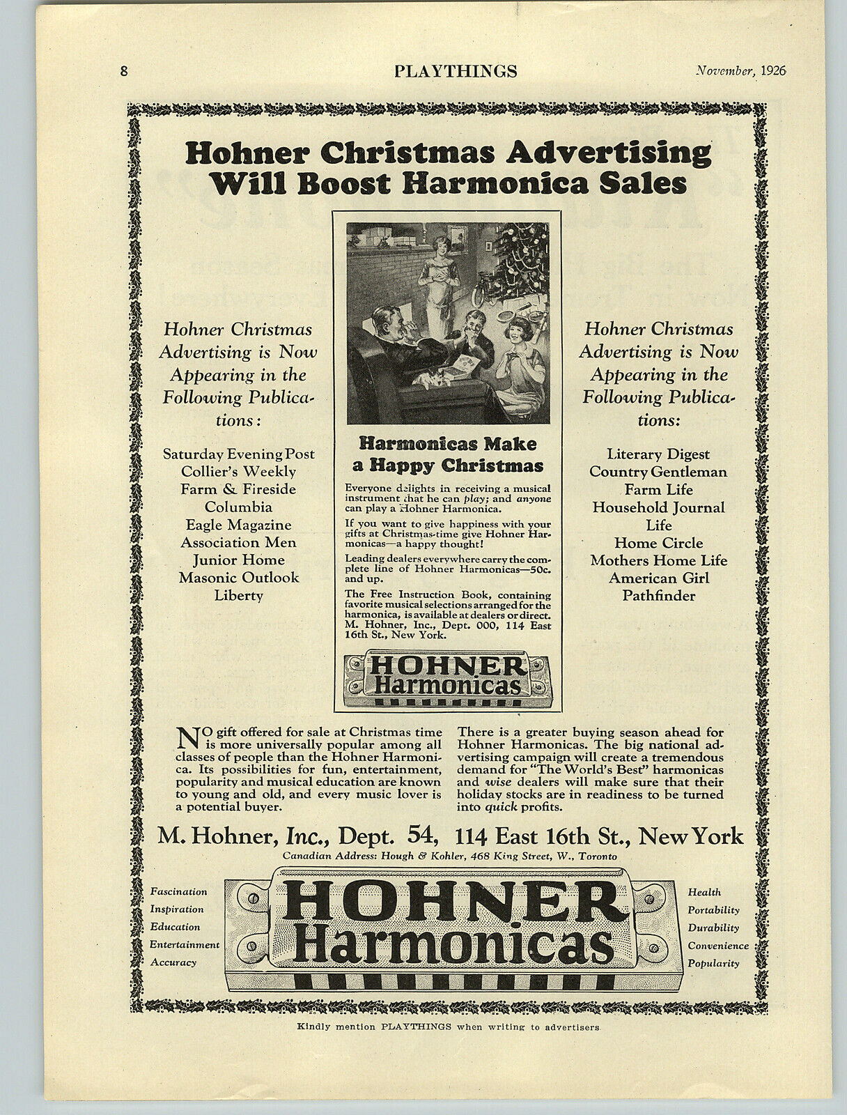 1926 PAPER AD Hohner Christmas Harmonicas Bing Toys Kiddyphone Typewriter